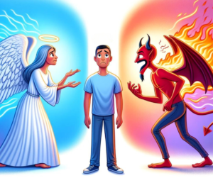 Man standing between angel and demon