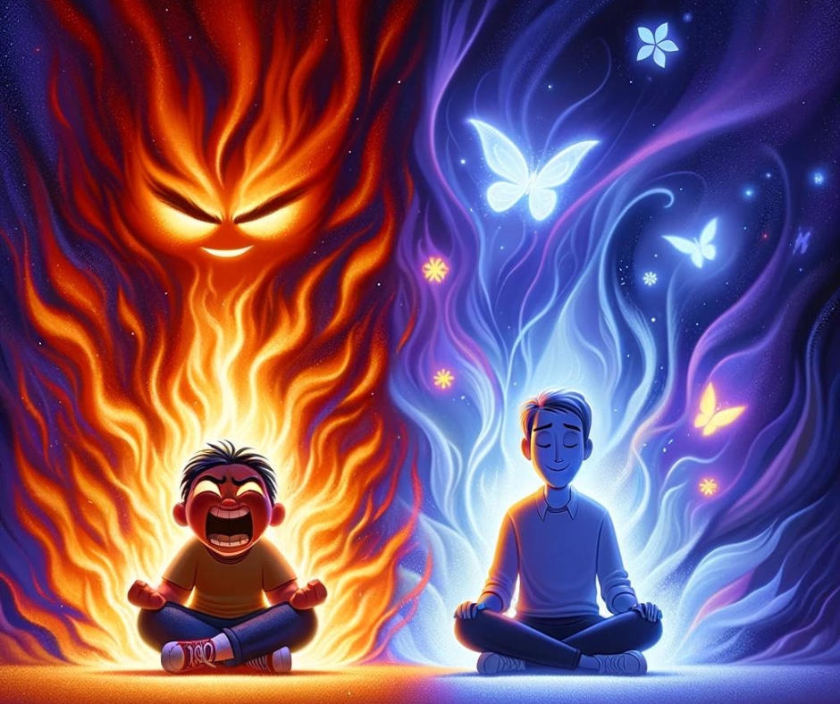 screaming child surrounded by fire next to meditating adult surrounded by blue